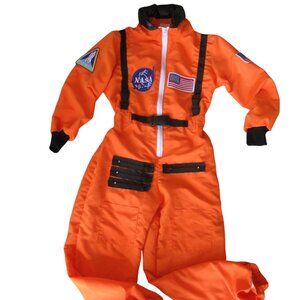 Astronaut Orange Costume Child Size 8-10 Halloween Flight Suite USA Flag NASA